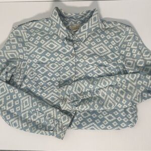 Lucky Brand Blue Chambray Denim Look Cream Ivory Ikat Boho Cotton Shirt Dress Sm